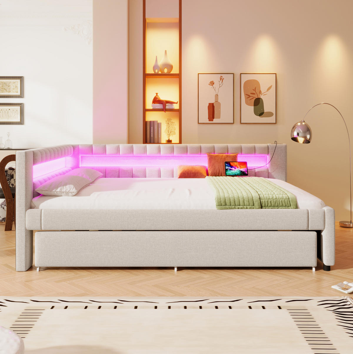 POLSTERBETT aus Leinen und MDF 140x200 cm in Beige mit LED & Ausziehbett - Beige, Textil (140/200cm) - Modfu