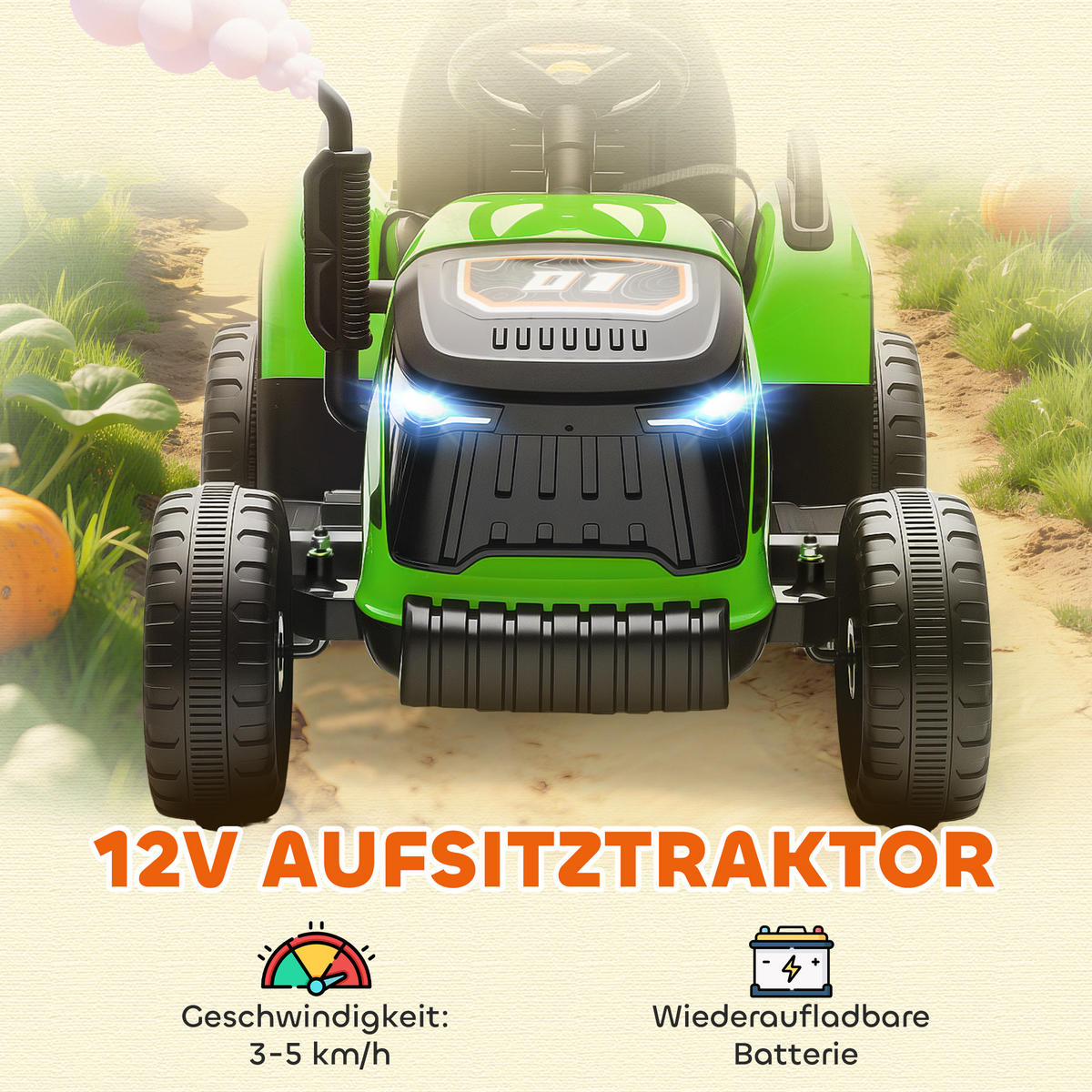 KINDER-ELEKTROTRAKTOR 3-Gang mit Anhänger, 2 Motor, für 3-8 Jahre, Grün - Orange, Metall (139/58/55cm) - AIYAPLAY