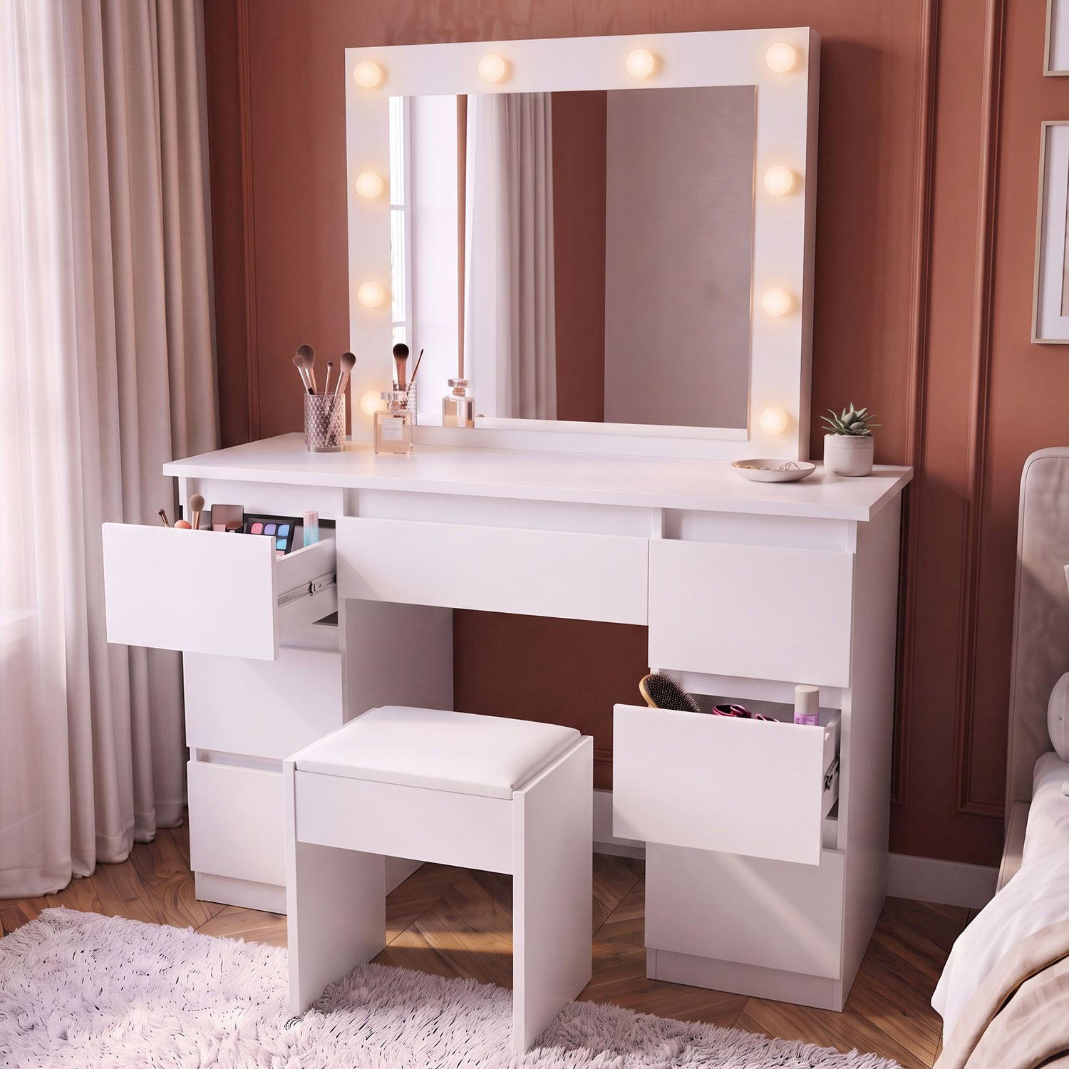SCHMINKTISCH Talea mit LED (3 Lichtstufen) inkl Hocker Melly - Weiß, Holz (110/141/40cm) - Juskys