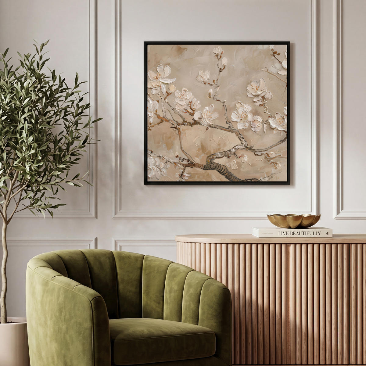 LEINWAND Bilder mit Rahmen - Blumen - Modern - Beige - Weiß - Blüte - 50x50 - Beige, Textil (50/50cm) - MuchoWow