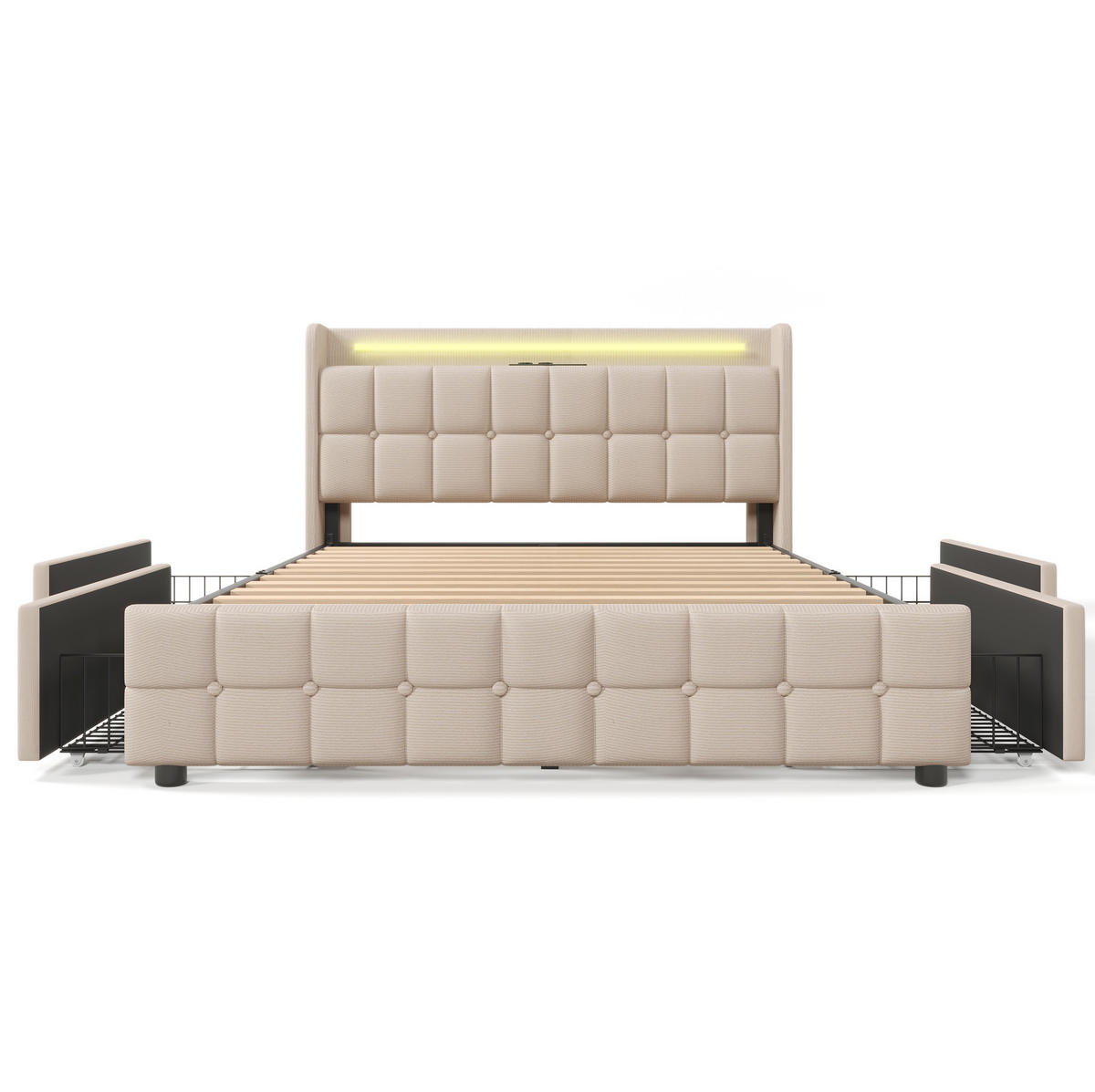 POLSTERBETT aus Leinen 140x200 cm in Beige mit LED & USB/Steckdosen - Beige, Holzwerkstoff (140/200cm) - Modfu