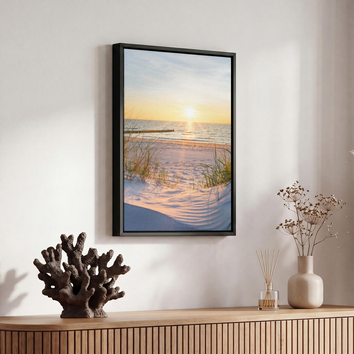 LEINWAND Bilder mit Rahmen - Strand - Sonne - Düne - Gras - Sand - Horizont - 20x30 - Hellblau, Textil (20/30cm) - MuchoWow