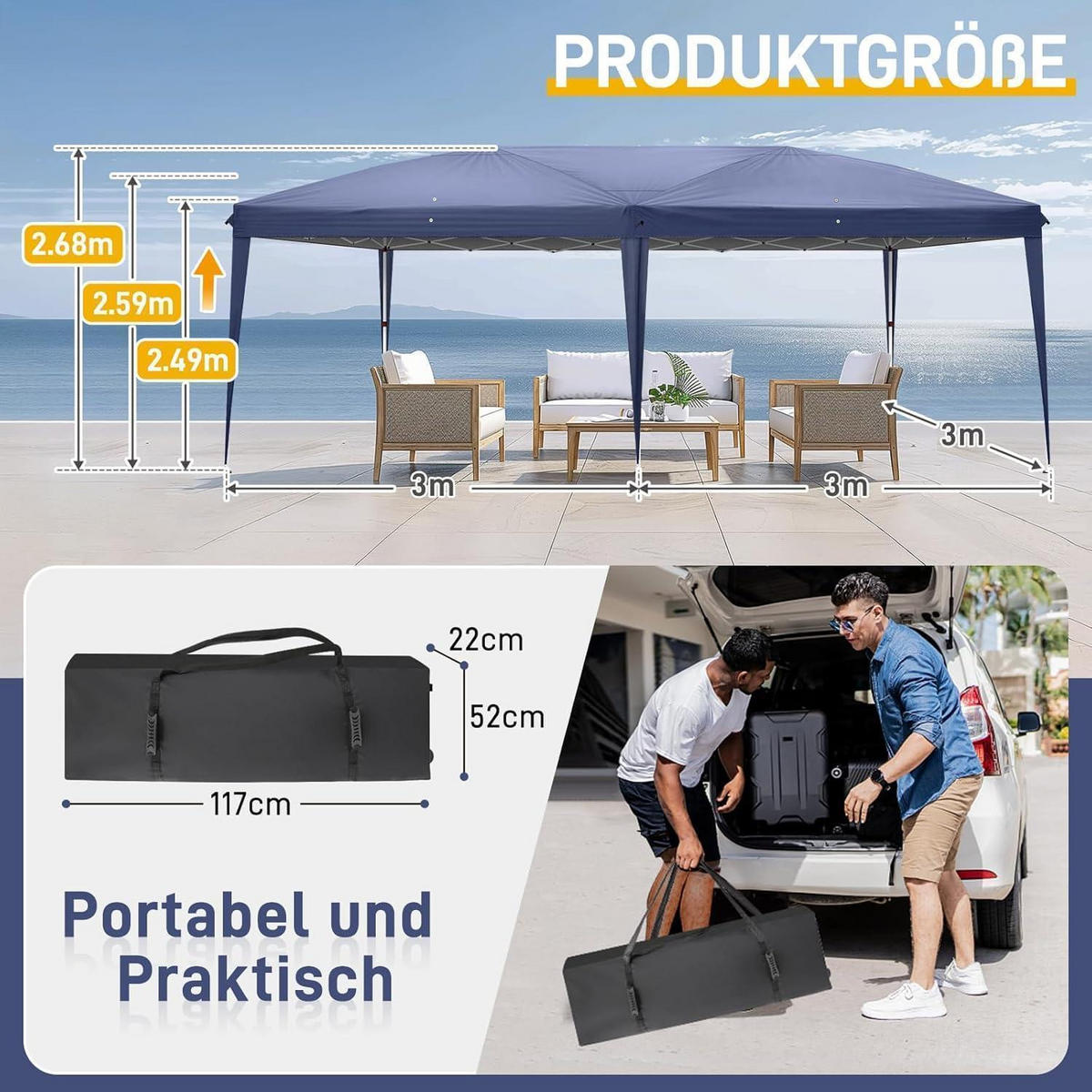 FALTPAVILLON 3 x 6 m Blau Wasserdicht UV-Schutz 50+ mit 6 Seitenteilen - Blau, Textil (300/268/600cm)