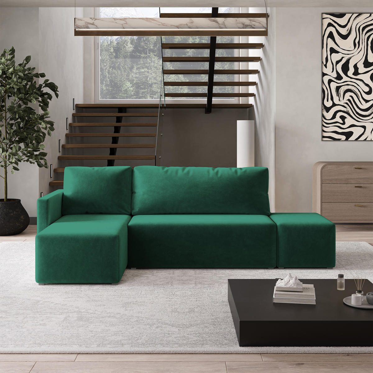 ECKSOFA VELOTTI L-S Grün Plüsch-Stoff mit Schlaffunktion - Grün, Holz (261/143cm) - MASSENO