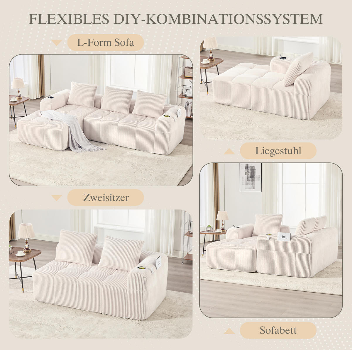 KOMPAKTSOFA Cord mit modularen Elementen und Becherhalter 253/158/61 cm Beige - Beige, Textil (158/253cm) - Redom