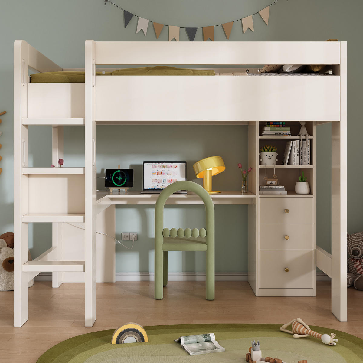 HOCHBETT 90/200 cm Weiß mit L-förmigem Schreibtisch und USB- und Type-C-Anschlüssen - Weiß, Holzwerkstoff (90/200cm) - OKWISH