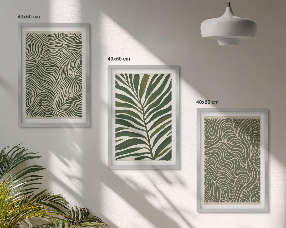 WANDBILDER 3er Set - 40x60 cm Silberner Rahmen - Blattmuster wellenförmige Formen - Silberfarben, Kunststoff (40/60cm) - ArtPrintCave