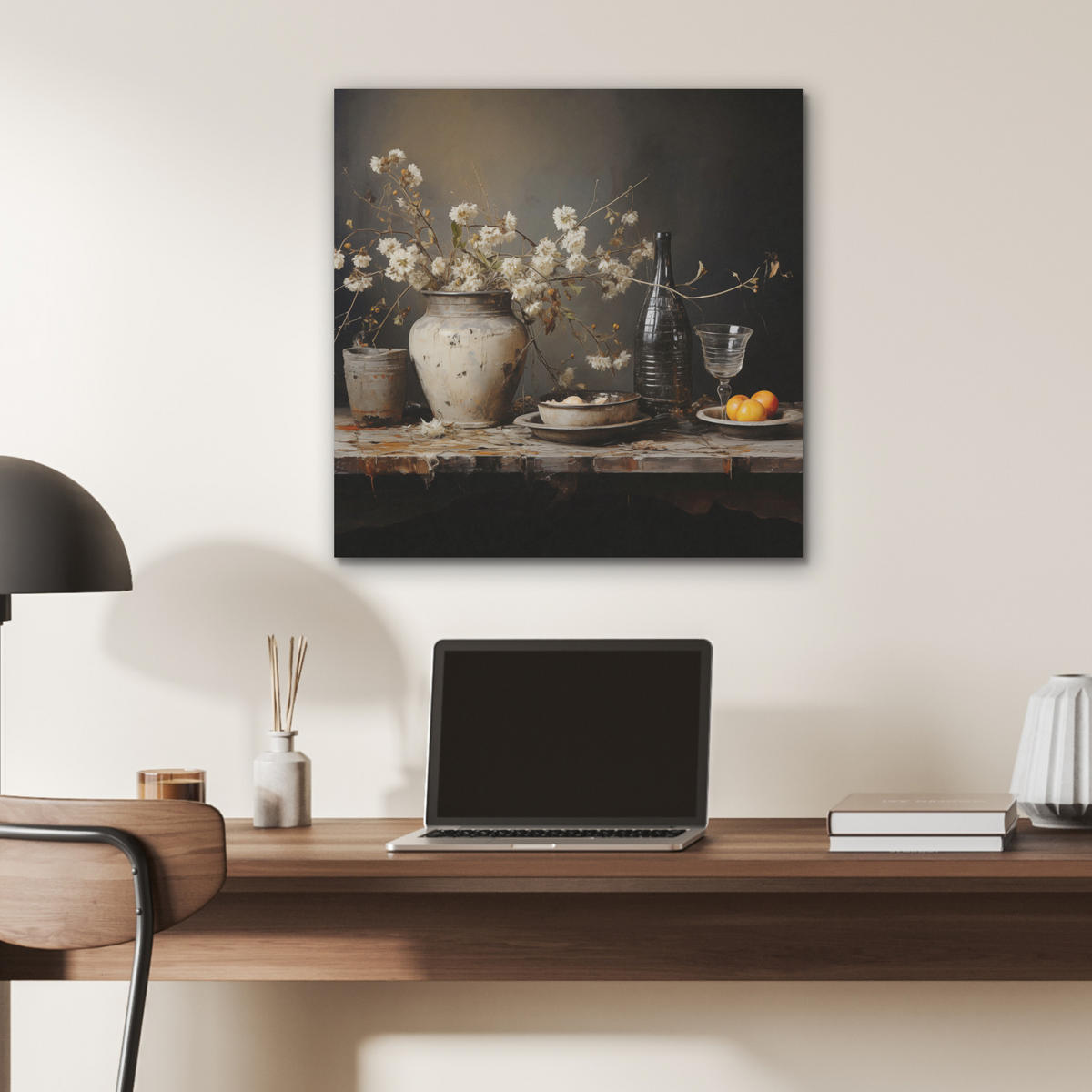 AKUSTICKÝ OBRAZ Zátišie - Kvety - Kytica - Váza - Víno 60x60 cm - čierna, plast (60/60/0.9cm) - MuchoWow