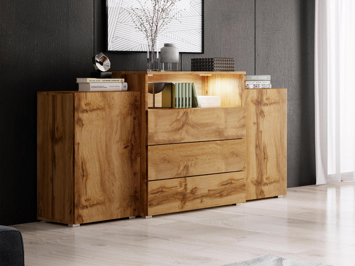 SIDEBOARD Urban III - weißer LED Beleuchtung - Eiche Wotan/Alufarben, Holzwerkstoff/Kunststoff (150/81/39cm) - MIRJAN24