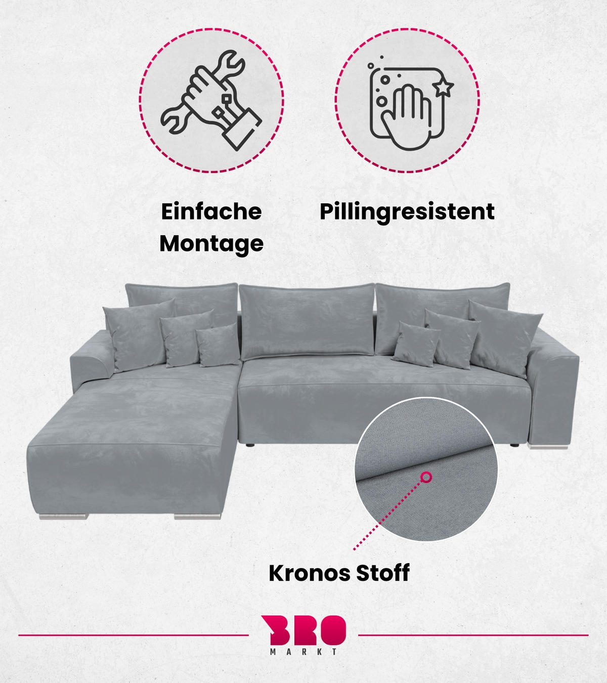 ECKSOFA Sydney mit Schlaffunktion Grau Plüsch - Hellgrau, Textil (280/184cm) - Bromarkt