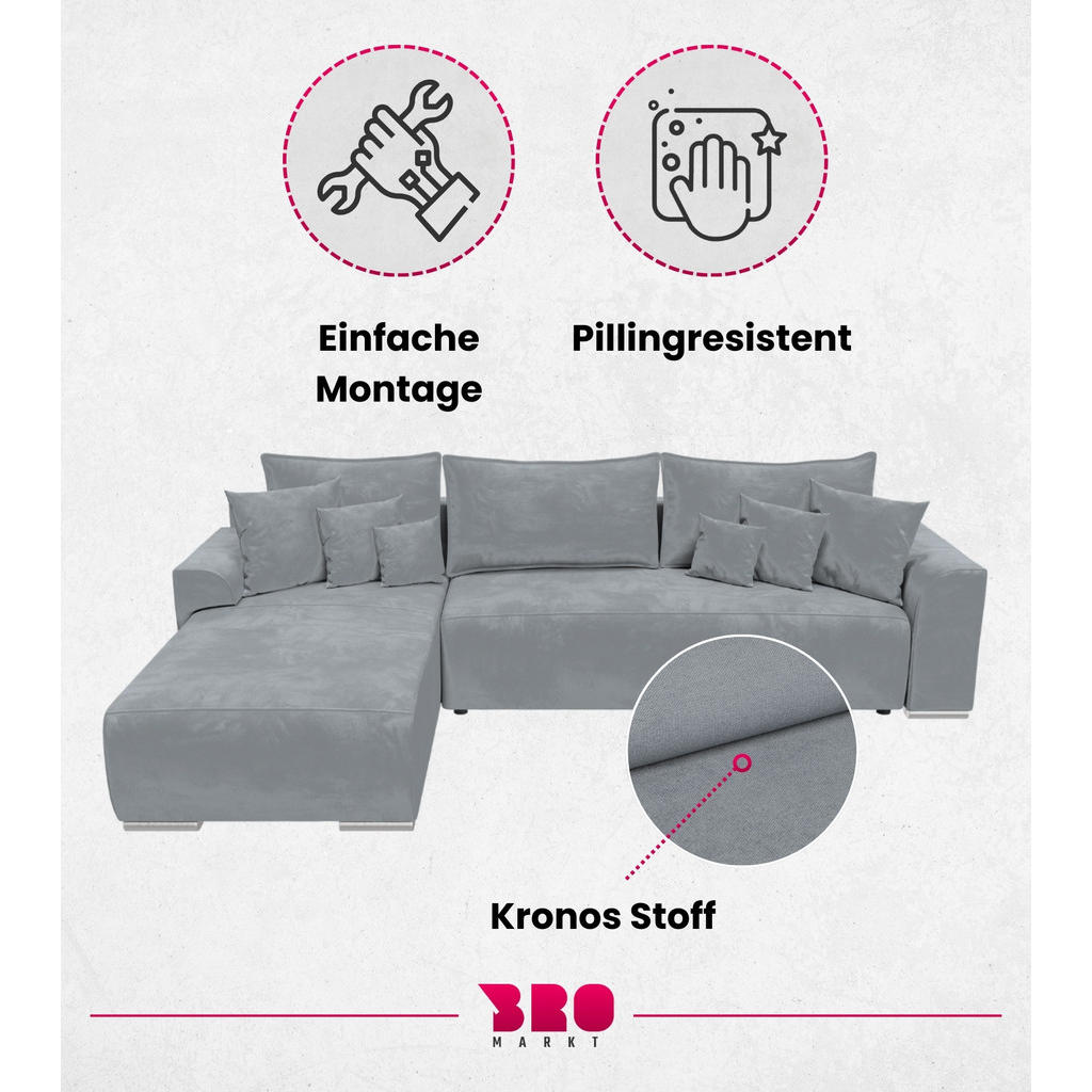 Thumbnail - Bromarkt Ecksofa, Hellgrau, Textil, 3-Sitzer, L-Form,L-Form, 280x184 cm, Wohnzimmer, Sofas & Couches, Wohnlandschaften, ...