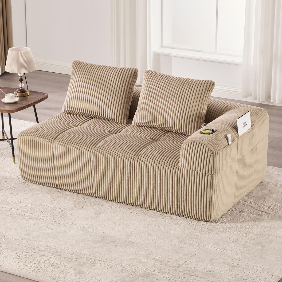 2-SITZER Sofa Cordstoff mit Seitenfächern und Becherhalter 158/93/61 cm Sandfarben - Sandfarben, Textil (93/61/158cm) - Redom