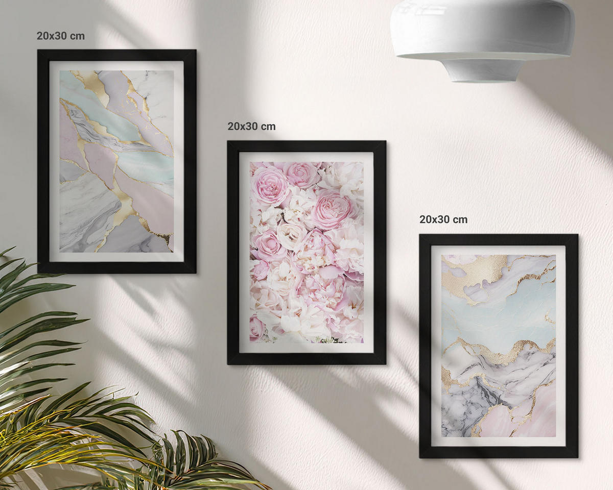 WANDBILDER 3er-Set - 20x30 cm Schwarzer Rahmen - Rosa Blumen Marmor Pastell - Schwarz, Kunststoff (20/30cm) - ArtPrintCave