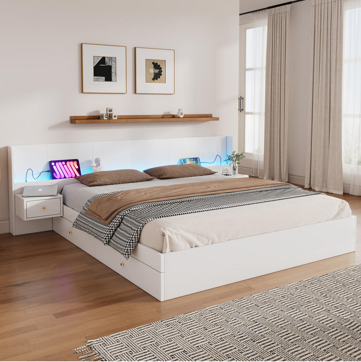 DOPPELBETT 180/200 cm mit USB-Anschlüssen, Steckdosen, LED-Beleuchtung und 2 Nachttischen mit Schubladen, Weiß - Weiß, Holzwerkstoff (180/200cm) - Redom