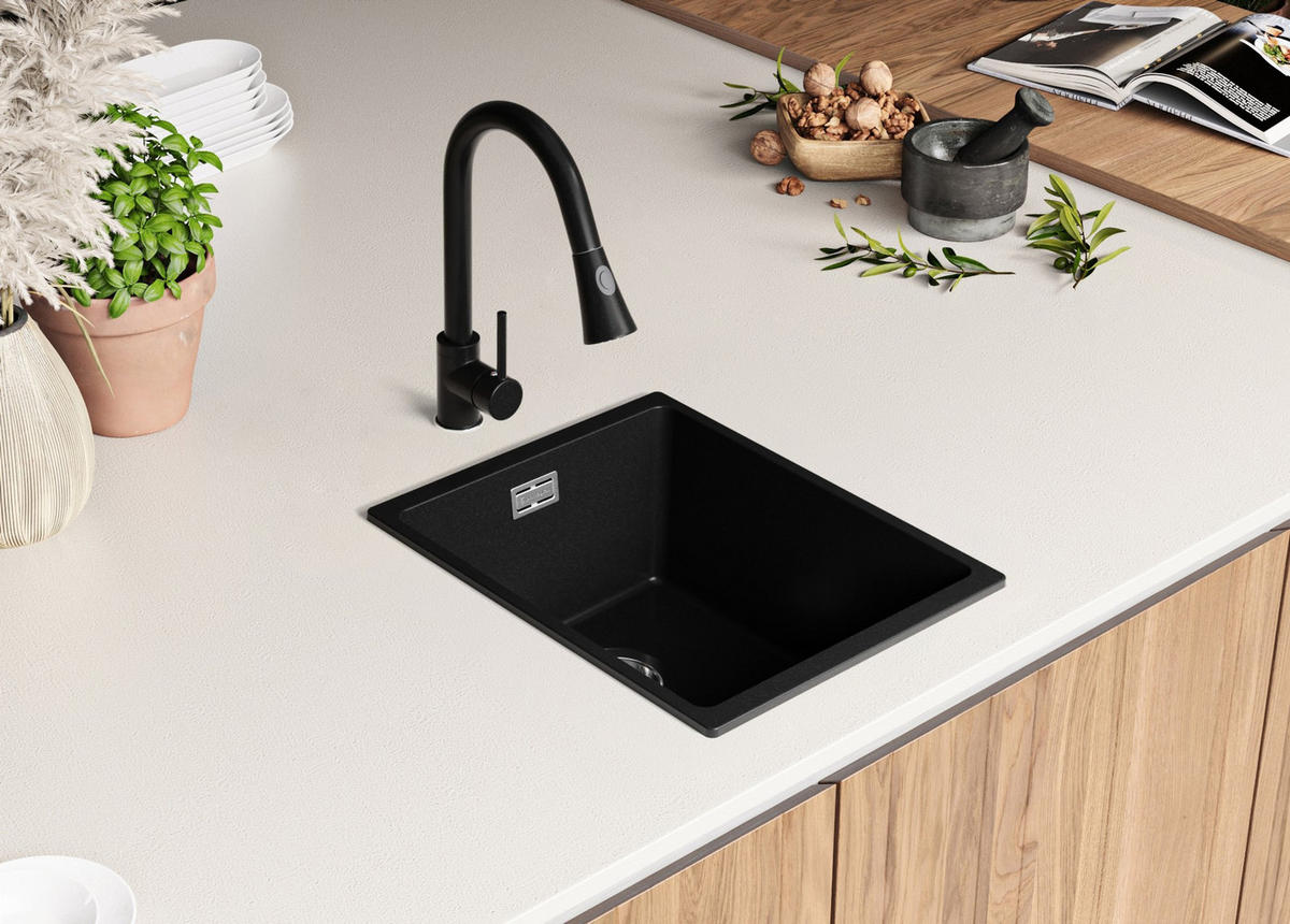 SPÜLBECKEN London Slim, 2-er set Alles Schwarz 36/47 cm 1 Becken + Ablauf-Set ab 40er Unterschrank - Schwarz, Kunststoff (36/20/47cm) - Primagran
