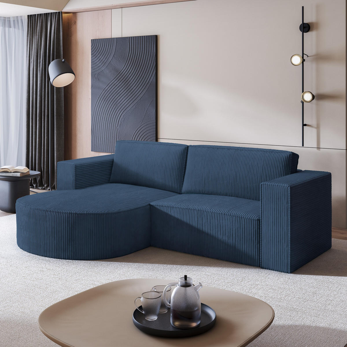 ECKSOFA SORELA P L-S Blau Kordstoff mit Schlaffunktion - Blau, Holz (263/174cm) - MASSENO