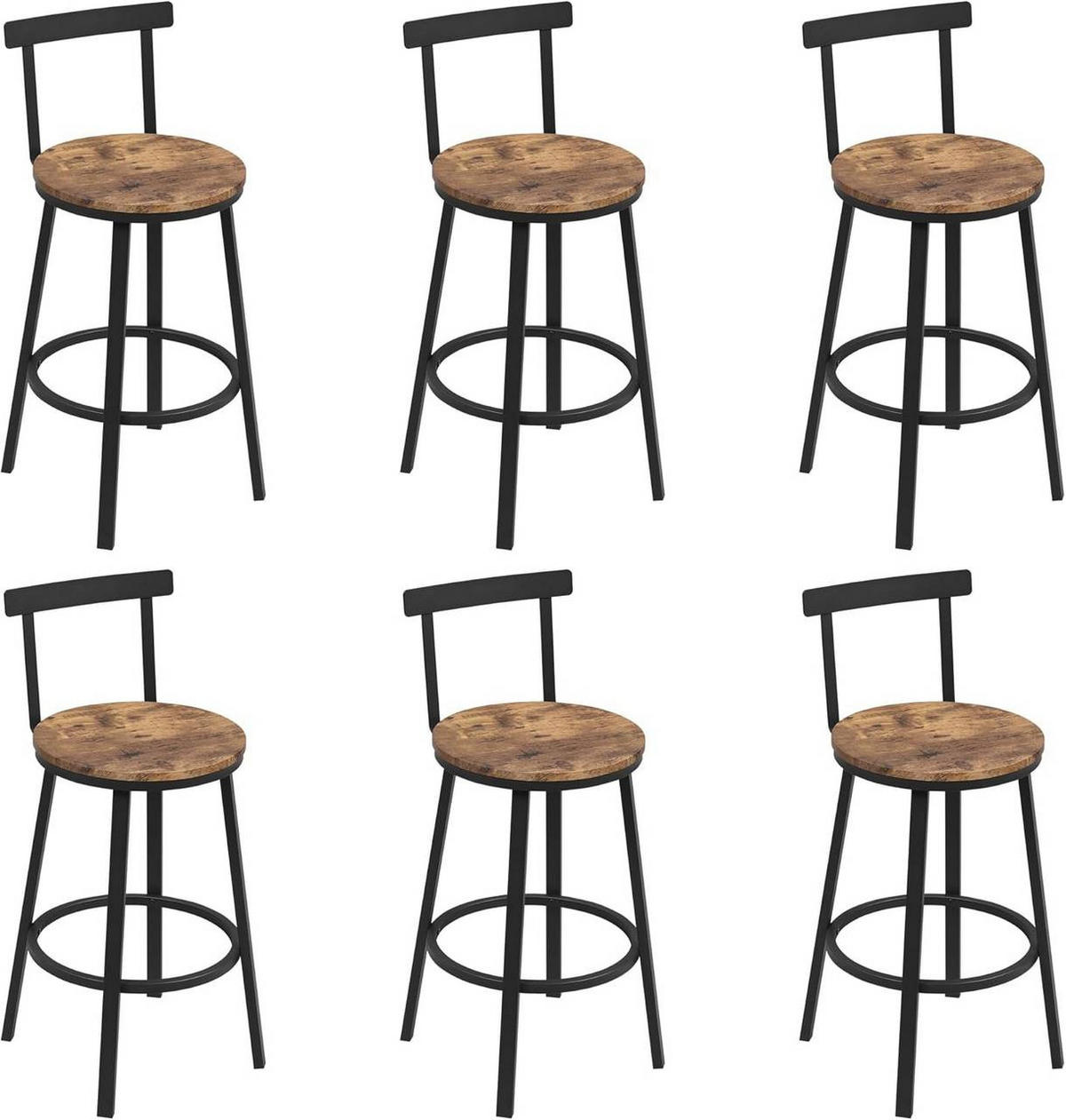 BARHOCKER 6er Set mit Lehne, Vintagebraun - Dunkelbraun/Schwarz, Holzwerkstoff/Metall (51.5/89/51.5cm) - Woltu