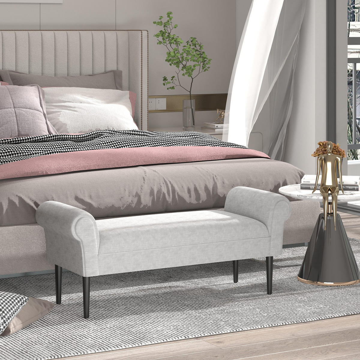 POLSTERBANK Sitzbank Sitzhocker elegant Leinenstoff Hellgrau 132 x 45,5 x 58 cm - Hellgrau, Kunststoff (45.5/58/132cm) - HOMCOM