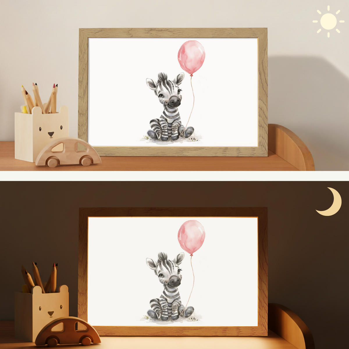 NACHTTISCHLAMPE Zebra - Baby - Tiere - Rosa Luftballon 30x20 cm - Weiß, Holzwerkstoff (8/30/20cm)