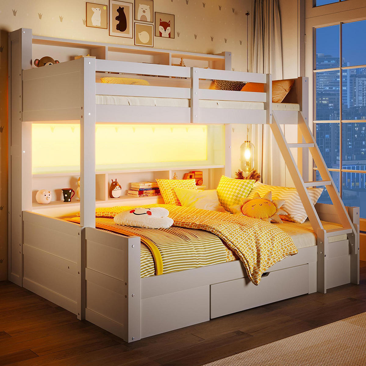 ETAGENBETT 90x200cm+140x200cm, Leiterposition optional, Weiß - Weiß, Holz (90/200cm) - KOMHTOM
