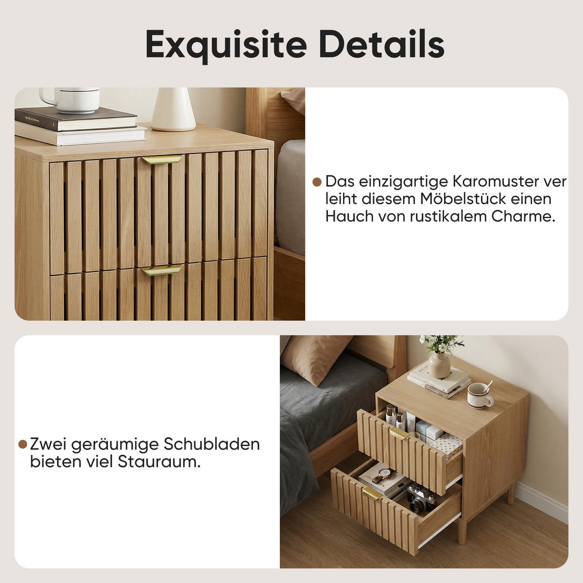 NACHTTISCH eichen-optik & latten-design mit 2 schubladen & goldgriffen - Eichefarben, Holzwerkstoff (45/56.5/39cm) - Urban Meuble