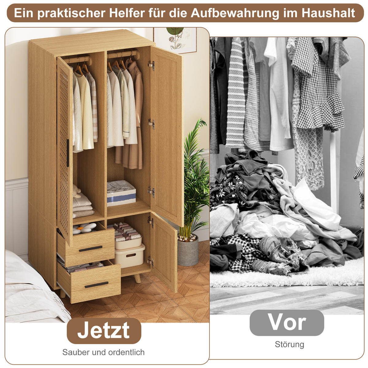 KLEIDERSCHRANK aus Rattan in Eichefarben, 2 Schubladen, integrierte Kleiderstange - Eichefarben, Holz (80/166/52cm) - EuroLiving