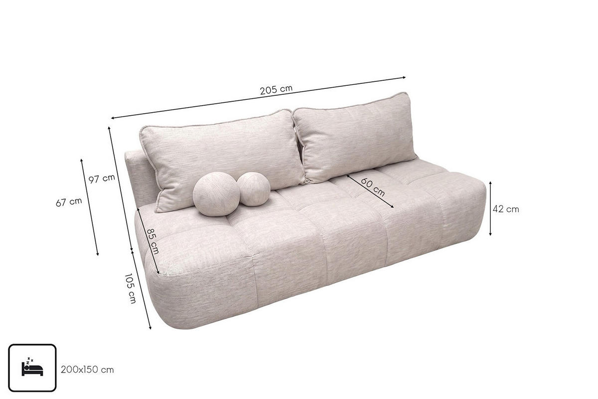 POHOVKA S funkcí spaní A úložným prostorem, strukturovaná látka Verita, Béžová, COCO - béžová, dřevo (205/97/105cm) - Kaiser Möbel