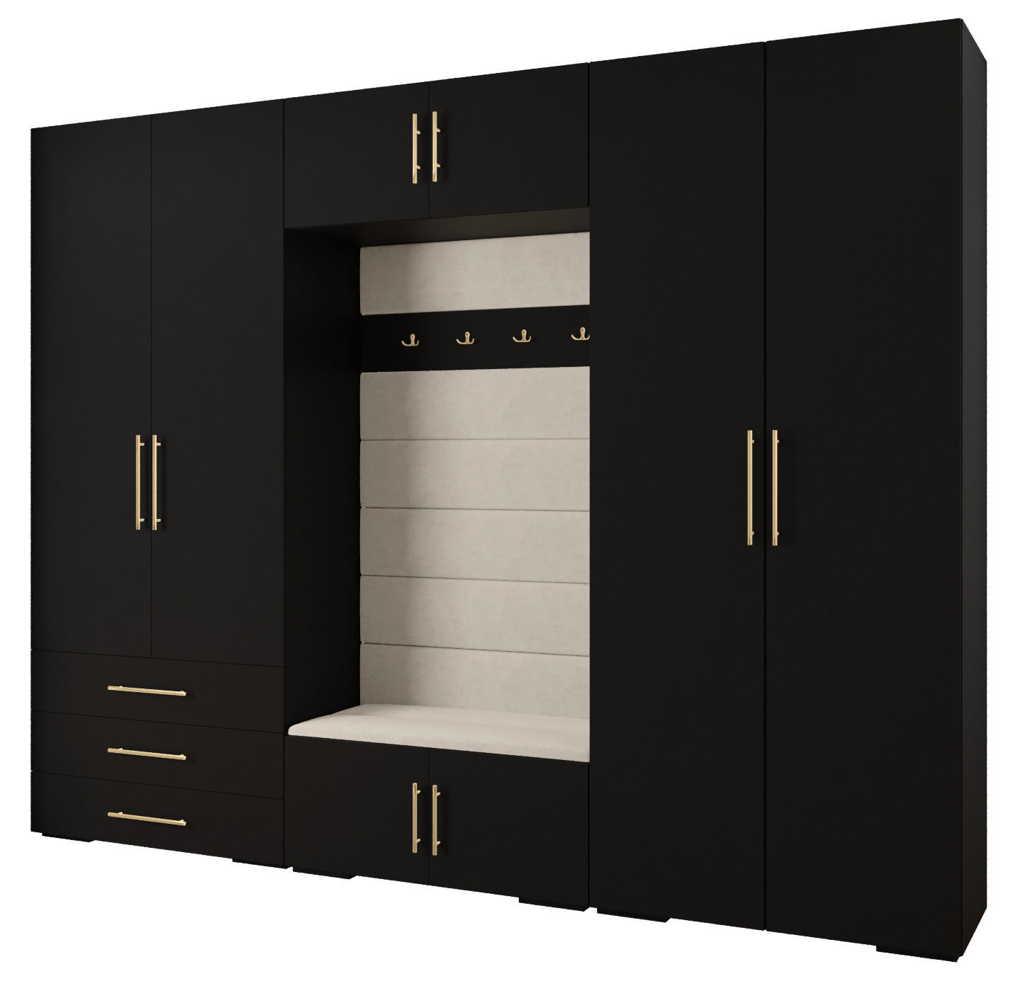 Abiks Möbel Garderoben-Set Schwarz, Beige, Gold 300x236.7x47 cm