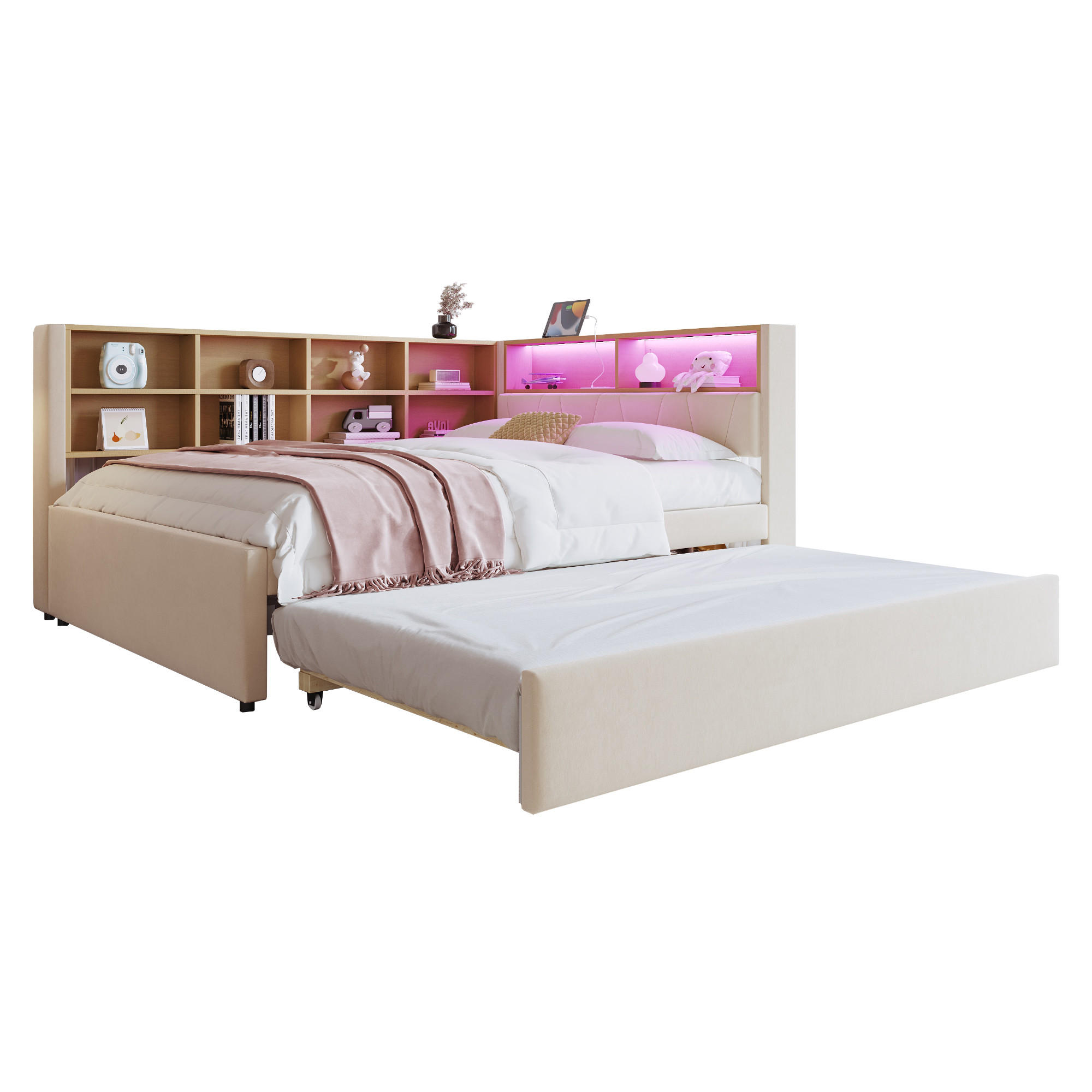 BETT mit Ausziehbett 140/200 cm & 90/190 cm mit LED-Beleuchtung und USB-Anschlüssen Flanell Beige - Beige, Textil (140/200cm) - OKWISH