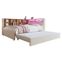 BETT mit Ausziehbett 140/200 cm & 90/190 cm mit LED-Beleuchtung und USB-Anschlüssen Flanell Beige - Beige, Textil (140/200cm) - OKWISH