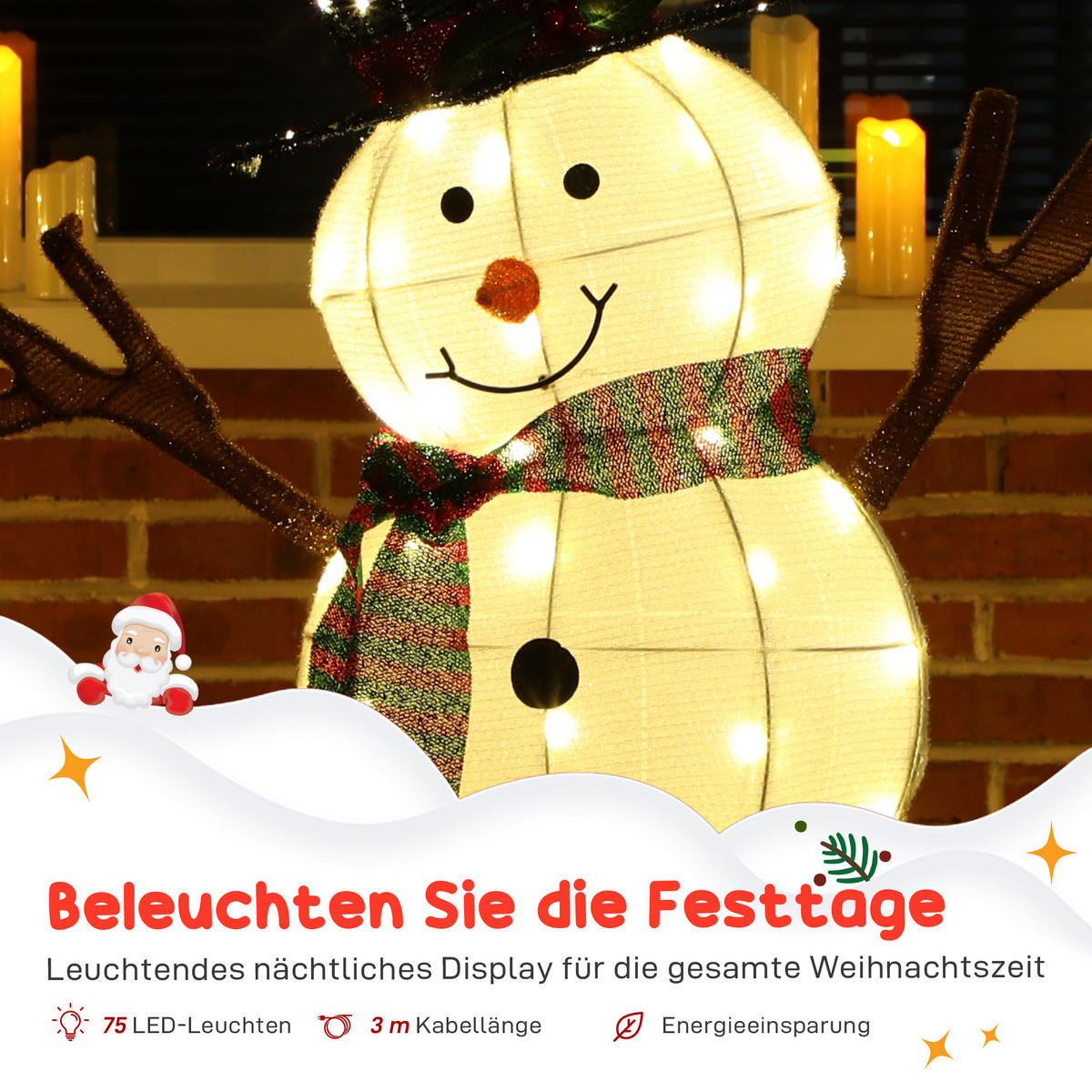 LED-SCHNEEMANN 108 cm Weihnachtsdeko mit Stahlrahmen und Spannbändern - Multicolor, Metall (20/108/78cm) - Outsunny