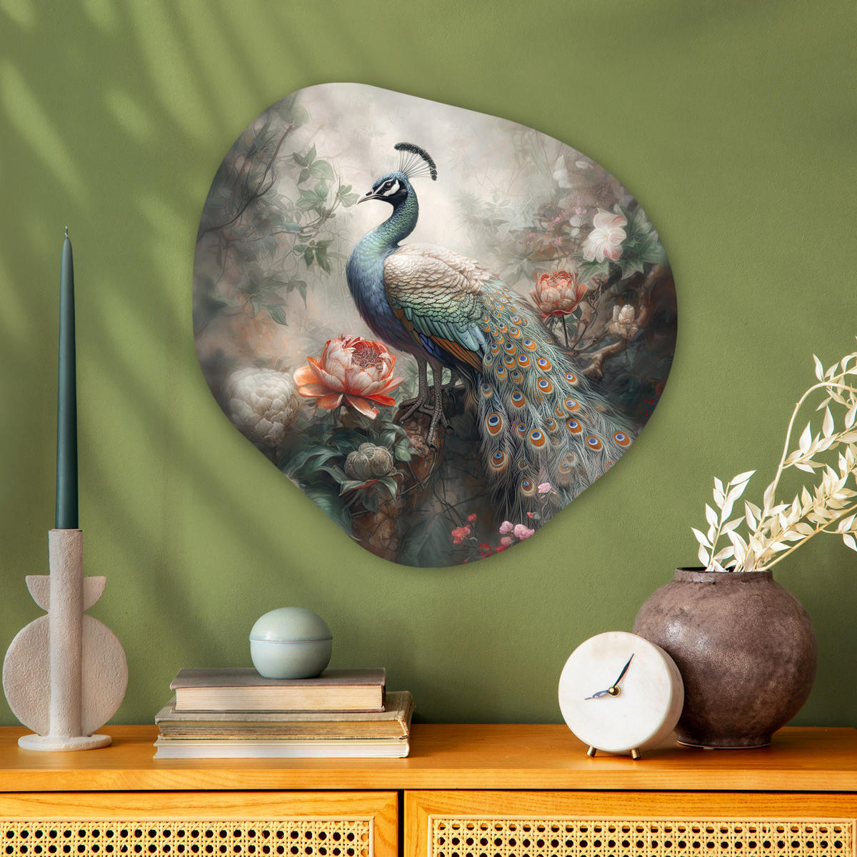 WANDBILD Pfau - Pfauenfedern - Vogel - Dschungel - Blumen 60x60 cm - Smaragdgrün, Kunststoff (60/60cm) - MuchoWow