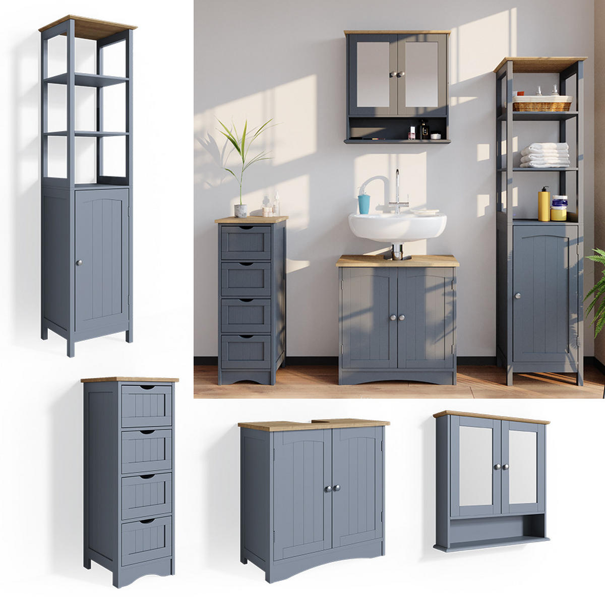 BADMÖBEL-SET Bianco Grau 4 Teile - Grau, Holzwerkstoff (60/60/30cm) - Vicco