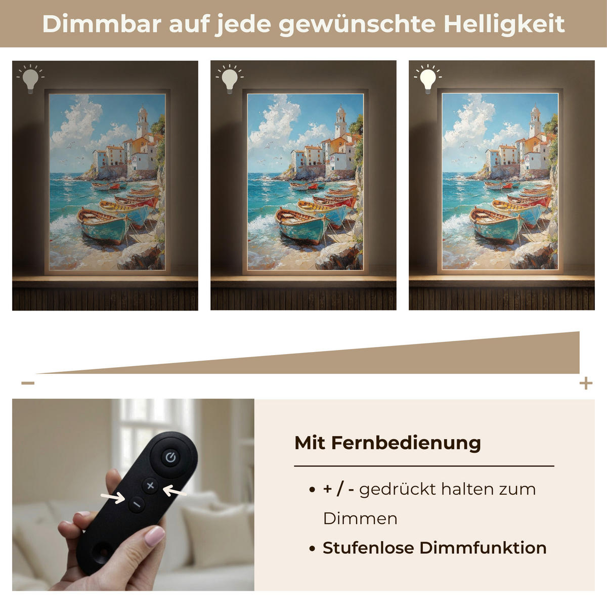 NÁSTĚNNÁ LAMPA S AKUMULÁTOREM Lodě - skály - moře - slunce 40x60 cm - modrá, kompozitní dřevo (40/60/8cm) - OnlyWow