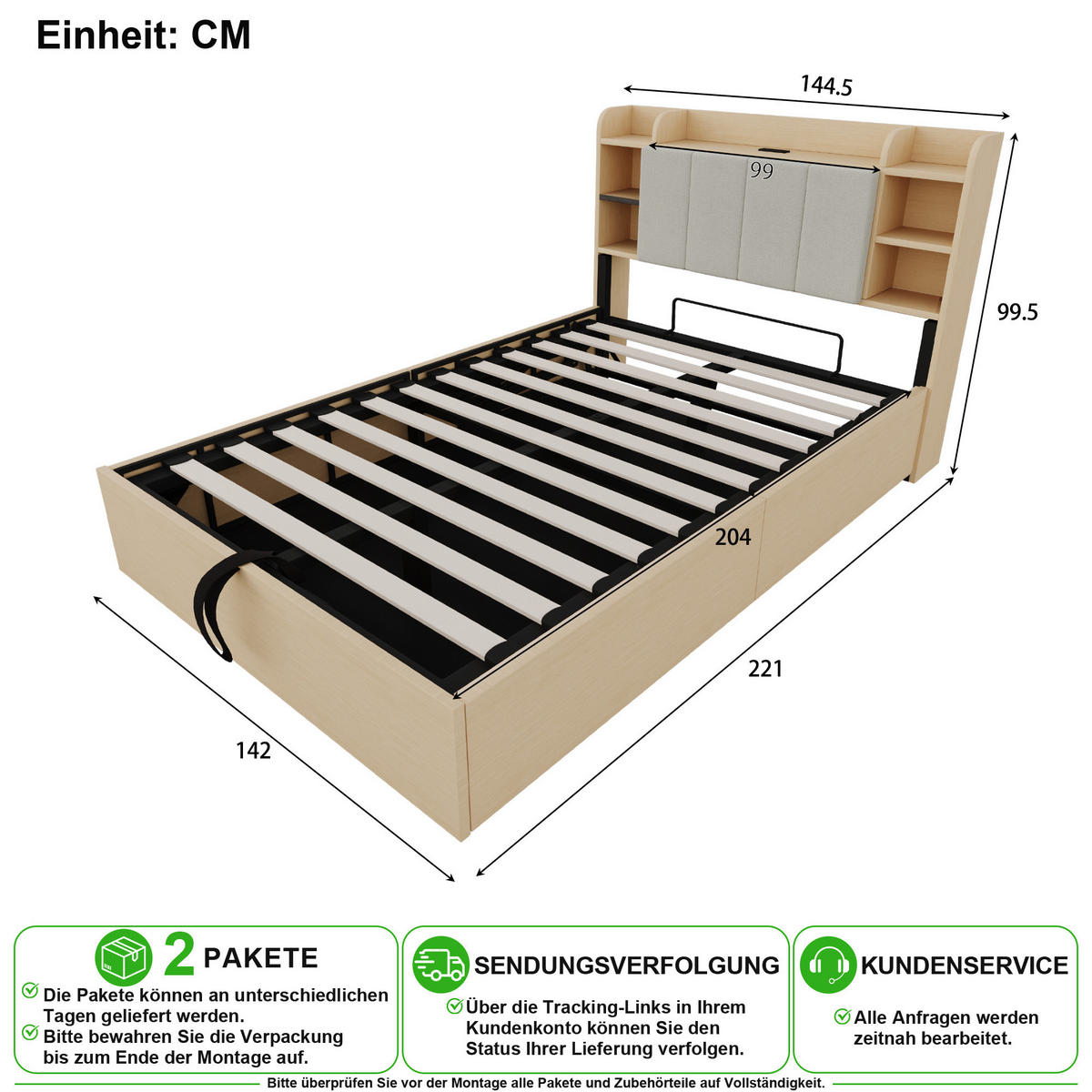 BETT 140/200 cm in Natur mit Stauraum, USB und Type-C - Naturfarben, Holzwerkstoff (140/200cm) - CHICFURN