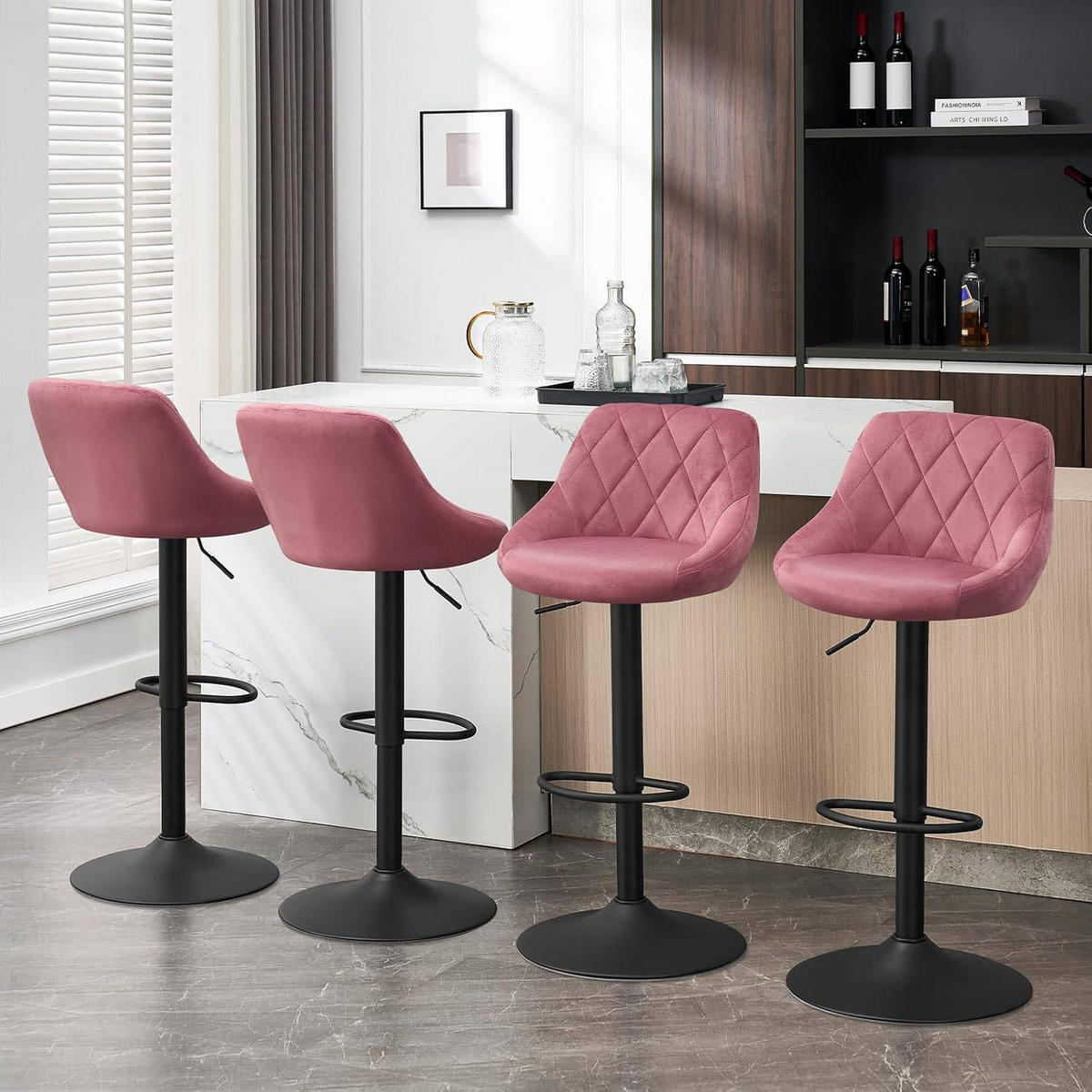 BARHOCKER 2er Set, aus Samt, Drehbar, Rosa - Schwarz/Rosa, Textil/Metall (47/83/39cm) - Woltu