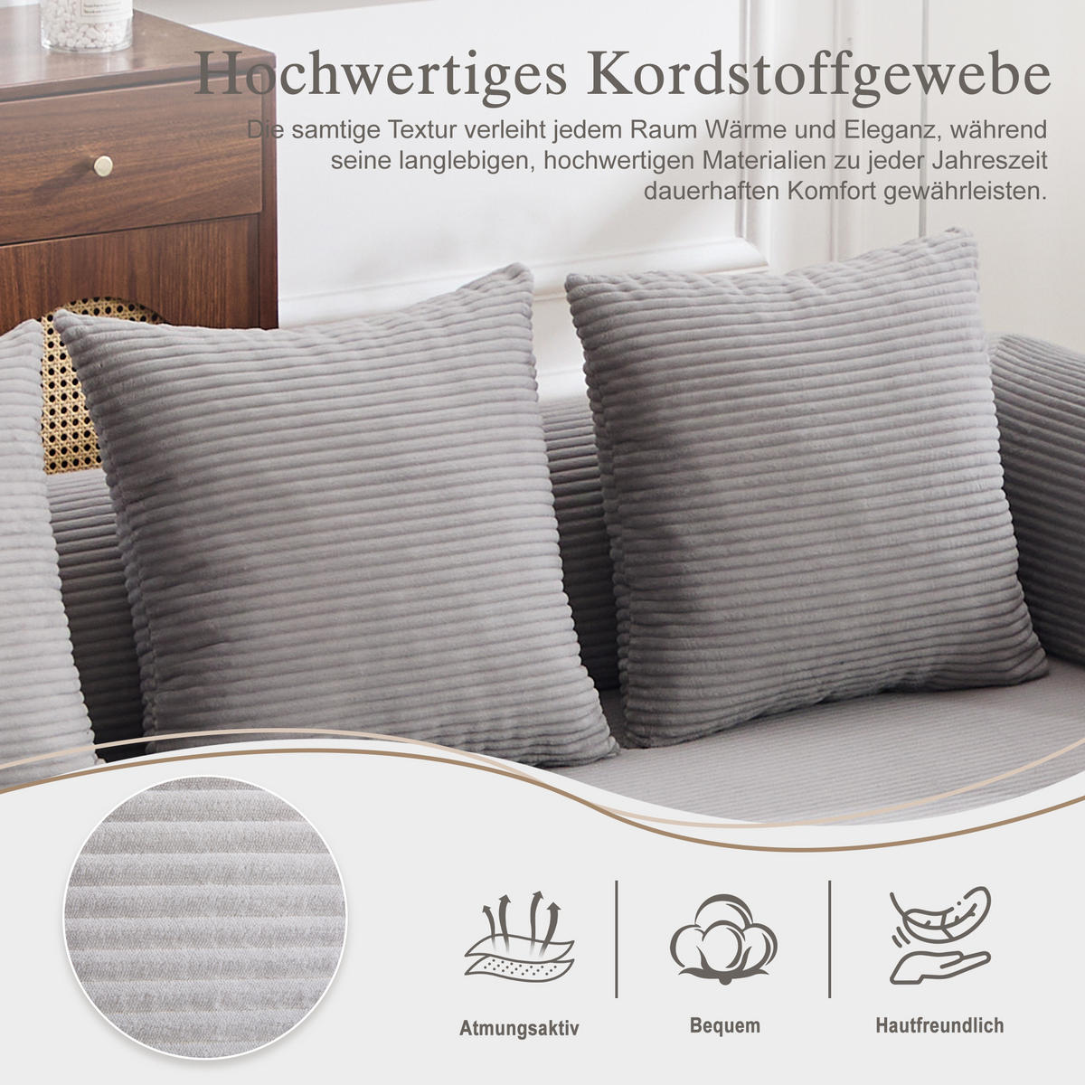 ECKSOFA Cord Hellgrau mit Hocker und Kissen - Hellgrau, Textil/Metall (218/285cm) - WISHDOR