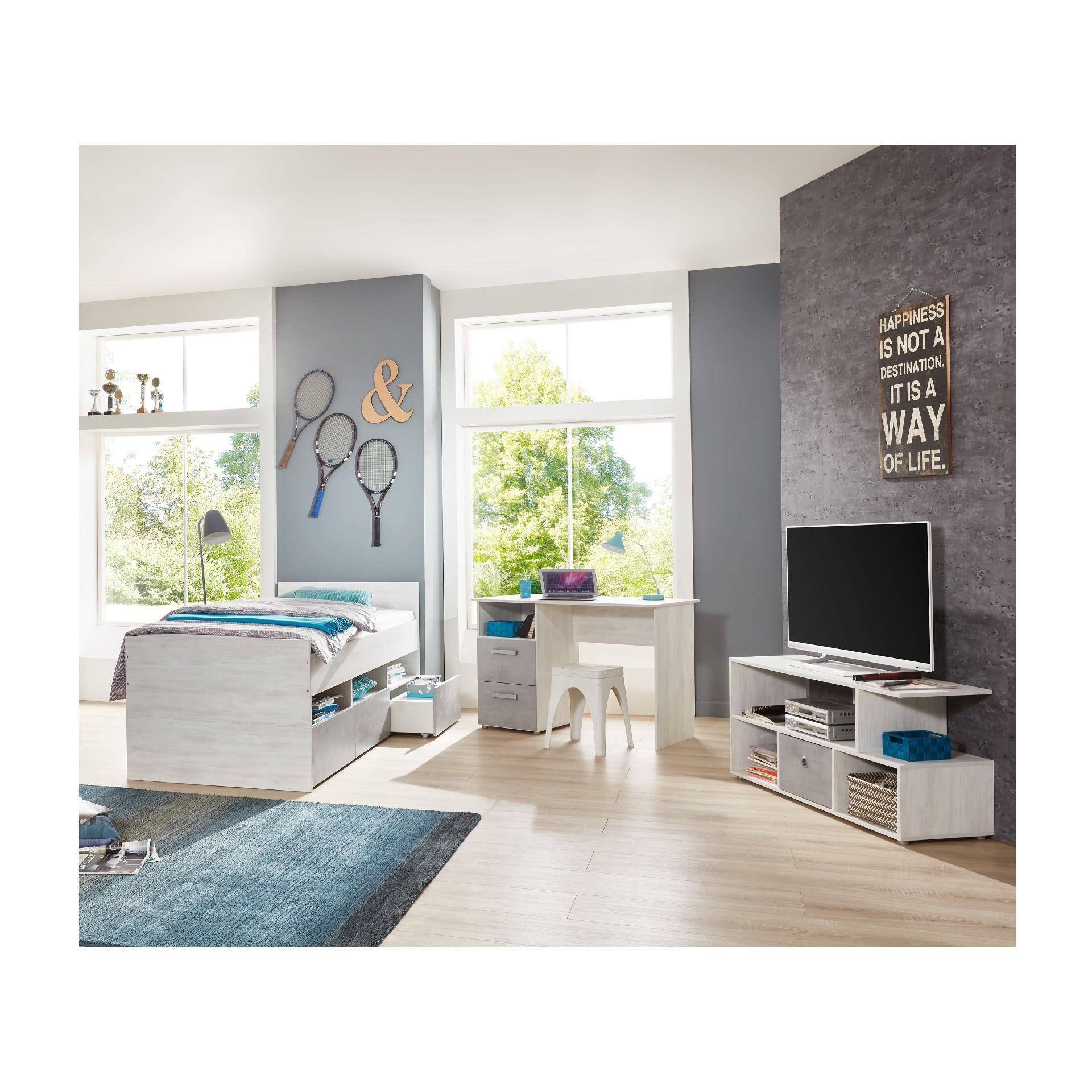 JUGENDZIMMER SET 3-tlg. Bett inkl.Bettkasten, Schreibtisch, Lowboard SALE - Eichefarben/Hellgrau, Holzwerkstoff (1/1/1cm) - arthur berndt