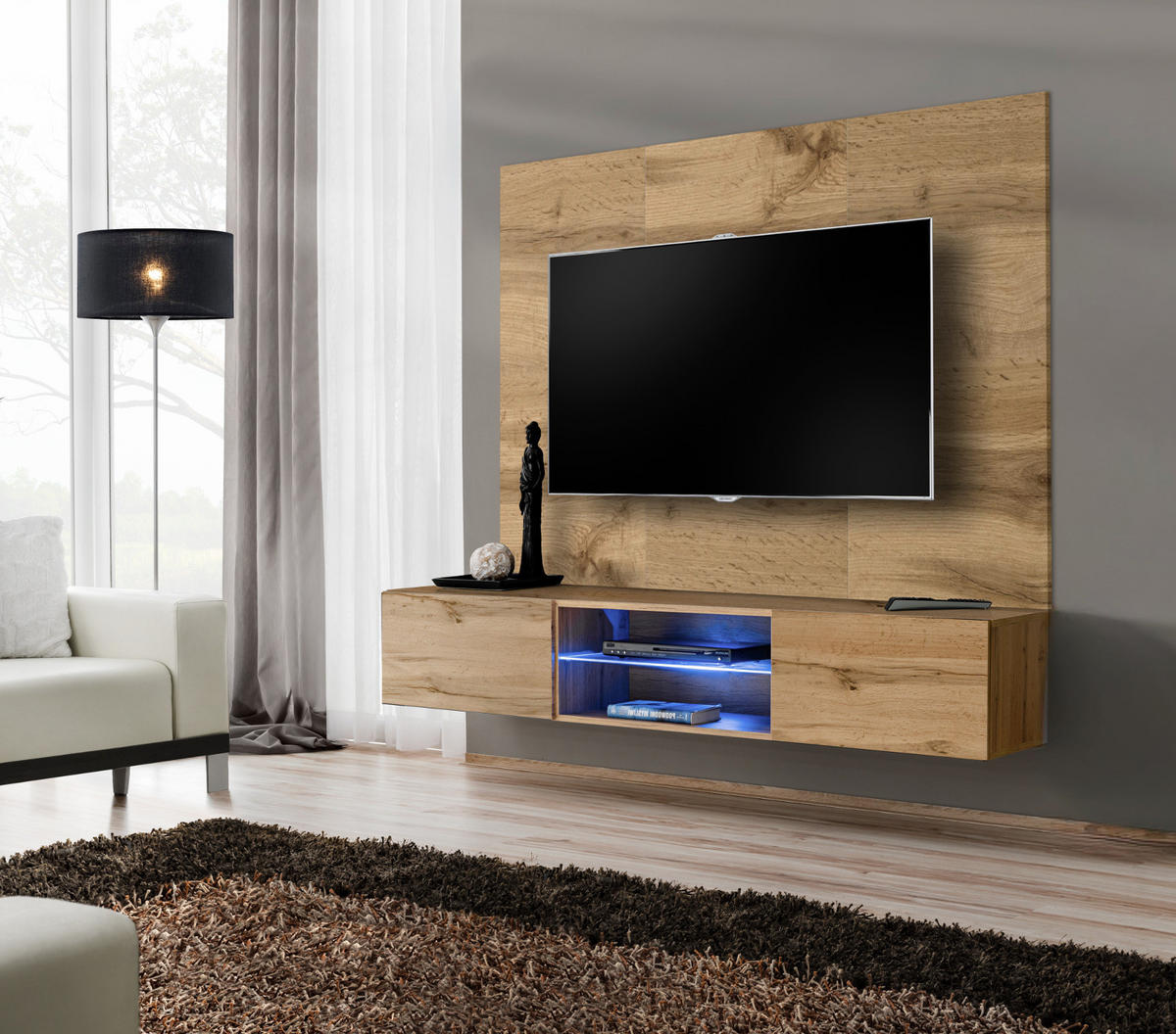 TV-LOWBOARD Eiche Wotan 180 cm hängend, Set inklusive LED-Beleuchtung und Akustikpaneel - Eiche Wotan, Glas/Holzwerkstoff (180/148/40cm) - Inn.Furn
