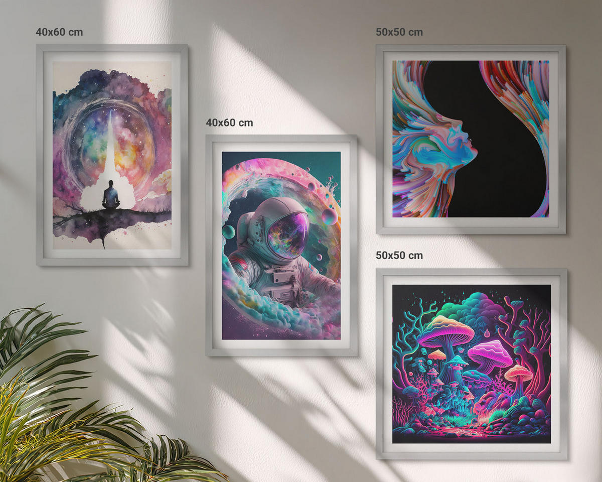 BILDER SET 4er Set - 50x50 cm & 40x60 cm Silberner Rahmen - Farbenfrohe Fantasy-Kunstillustrationen - Silberfarben, Kunststoff (50/50cm) - TULUP