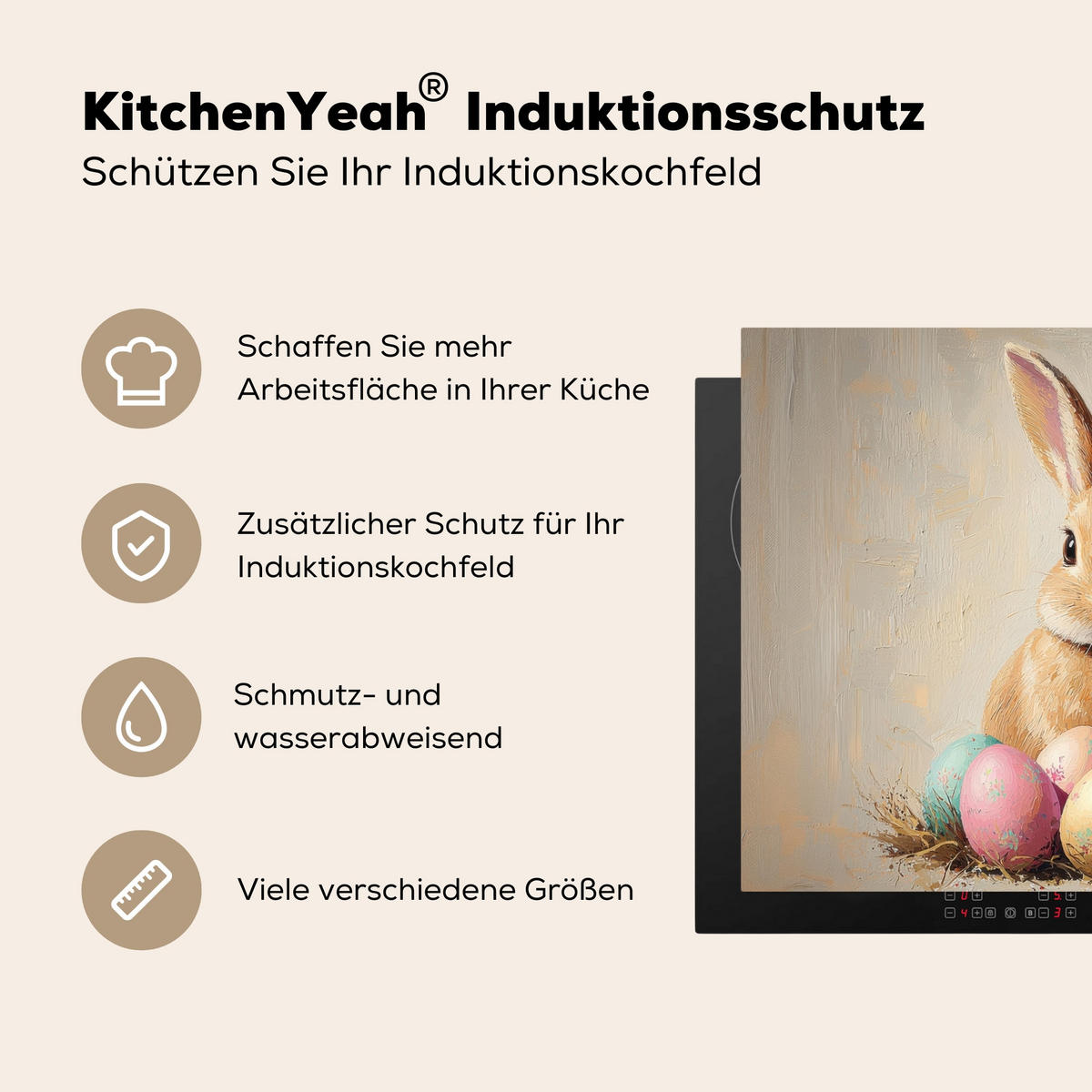 HERDABDECKPLATTE Osterhase - Pastell - Eier Herdabdeckung Induktionsfeld 75x52 cm - Beige, Kunststoff (75/52/0.2cm) - MuchoWow