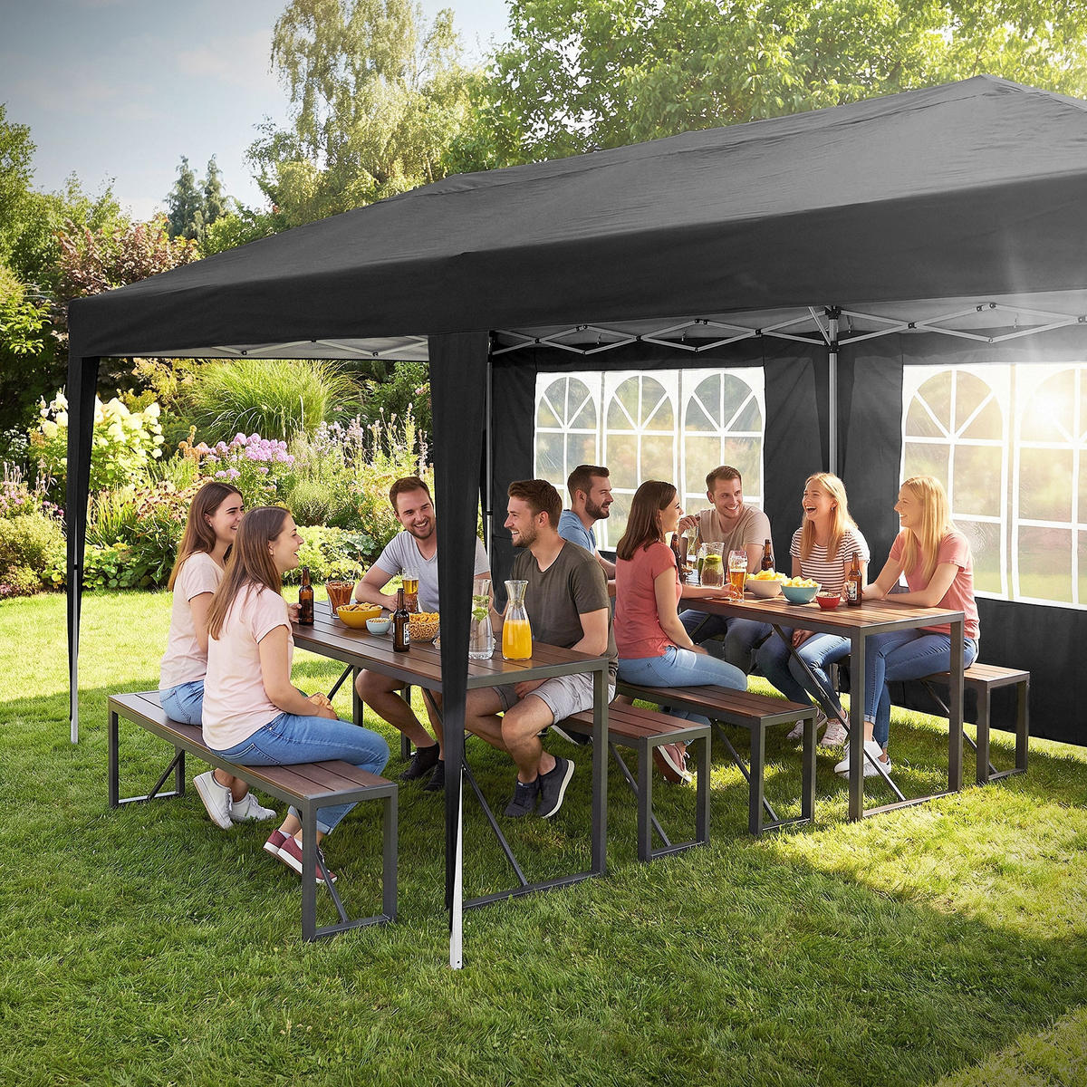 POP UP PAVILON 3x6 m černý skládací pavilon, vodotěsný, stabilní, se 6 bočními stěnami - černá, textil (600/260/300cm) - ECD-Germany