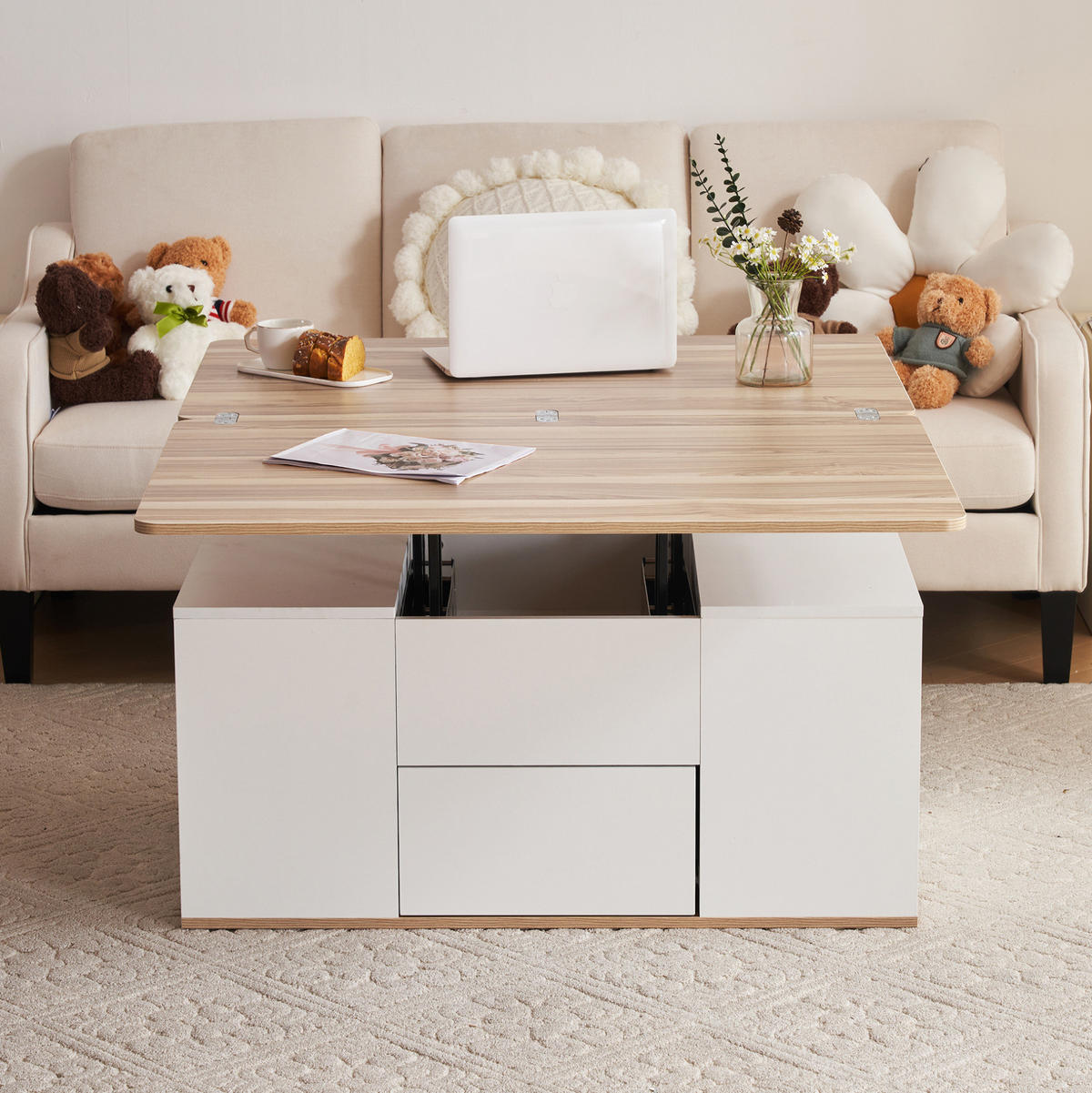 COUCHTISCH aus Spanplatte 100x51x47 cm in Weiß mit höhenverstellbarer Tischplatte - Weiß, Holzwerkstoff (100/51/47cm) - Modfu