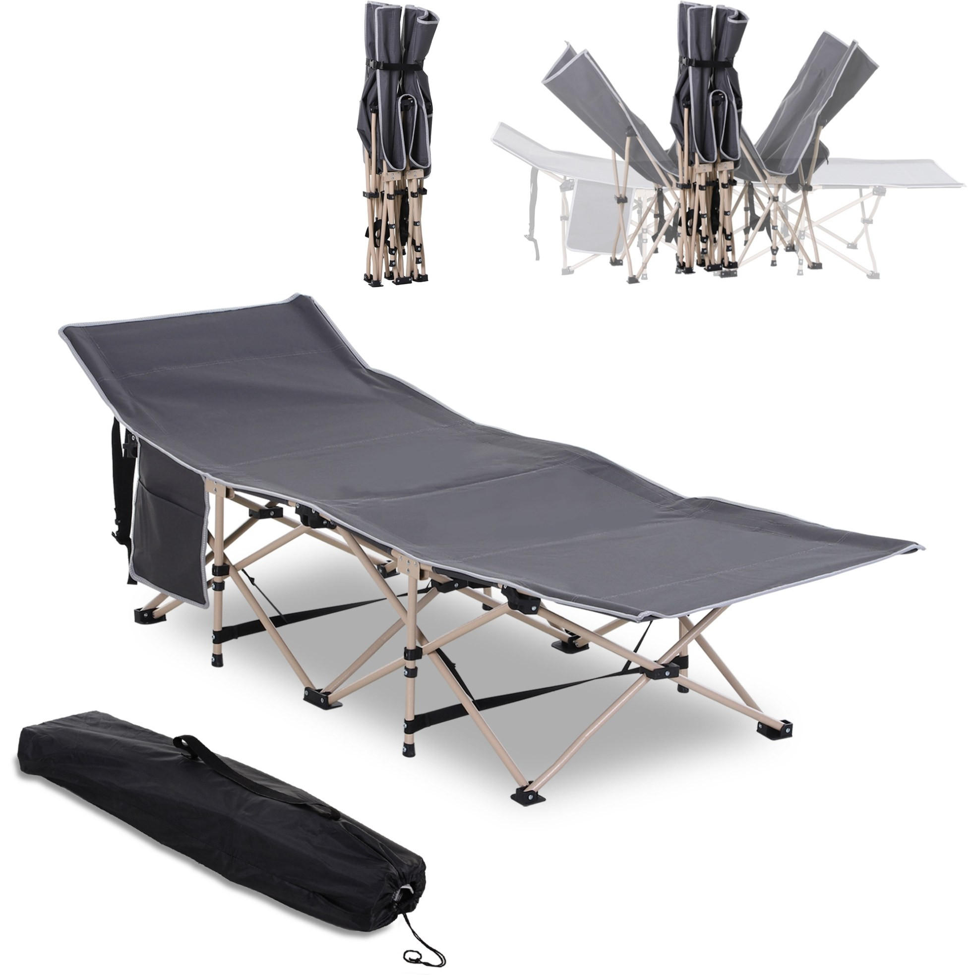 KEMPINGOVÉ lehátko 190/68/52 cm tmavě šedé z polyesteru skládací s taškou - tmavě šedá, plast (68/52/190cm) - OKWISH