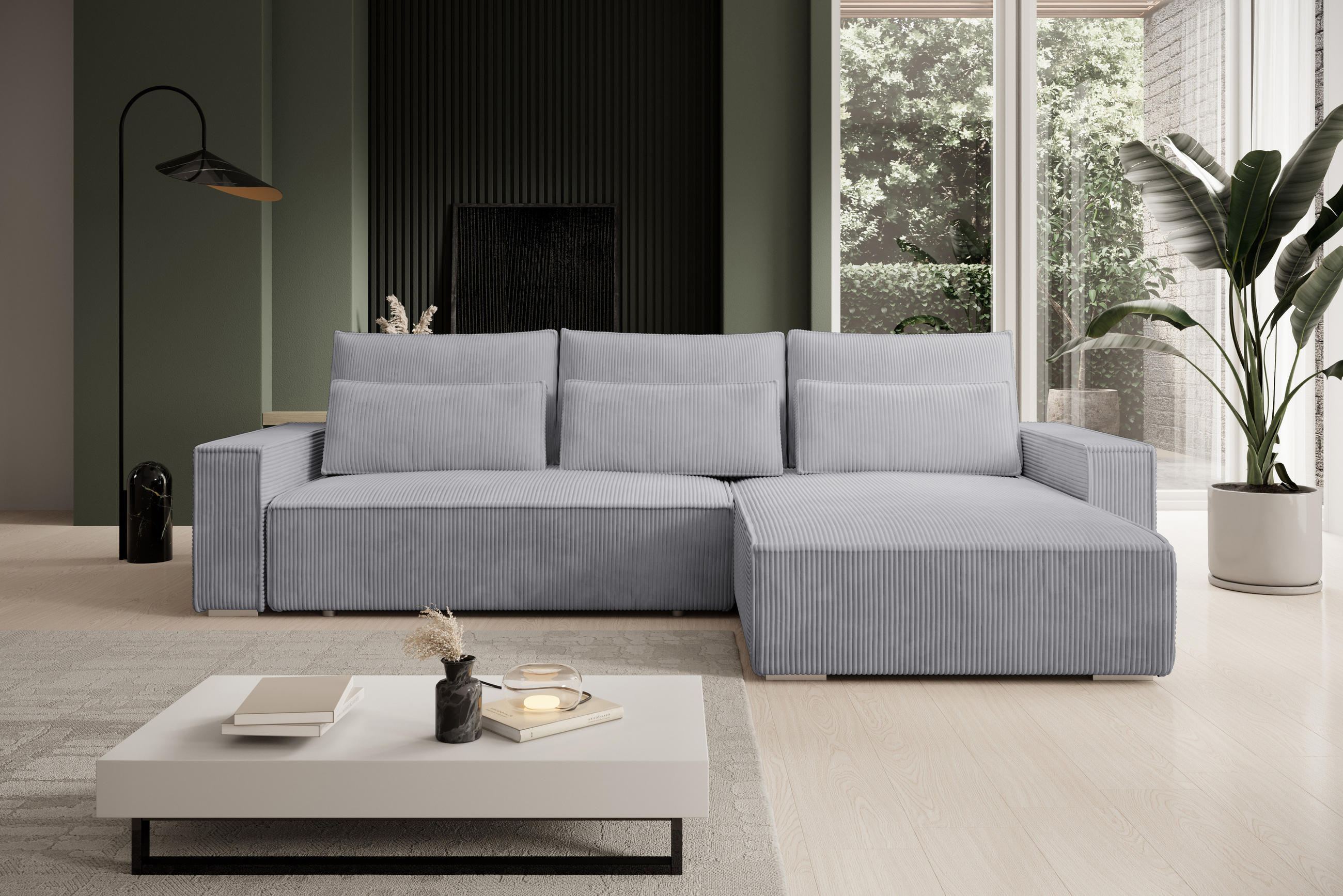 ECKSOFA Alice mit Bettkasten und Schlaffunktion, Cordstoff in L-Form - Grau, Textil (289/184cm)