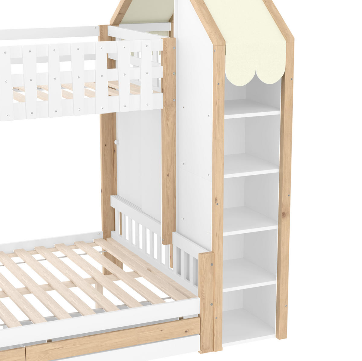 ETAGENBETT aus Kiefernholz 90x200 cm + 140x200 cm Weiß/Natur mit Leiter, 2 Schubladen und Hausdach - Weiß, Holzwerkstoff (90/200cm) - Modfu
