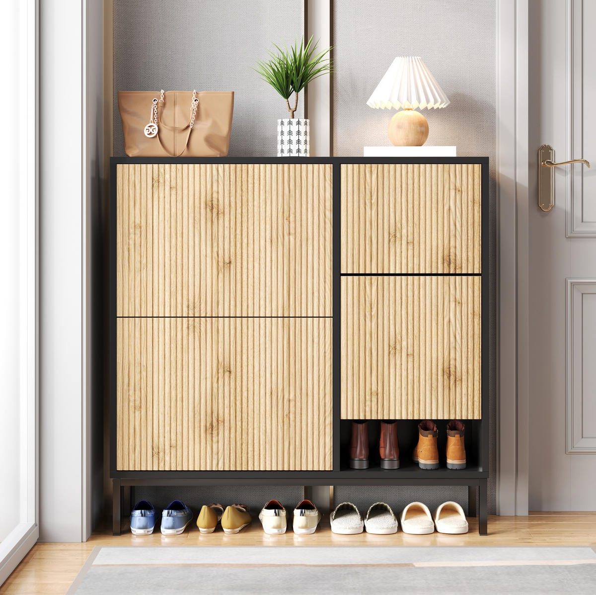 SCHUHSCHRANK 100/25/100 cm mit 3 Klappen, Sitzbank und offener Ablage - Schwarz, Holzwerkstoff (100/100/25cm) - BEAOK