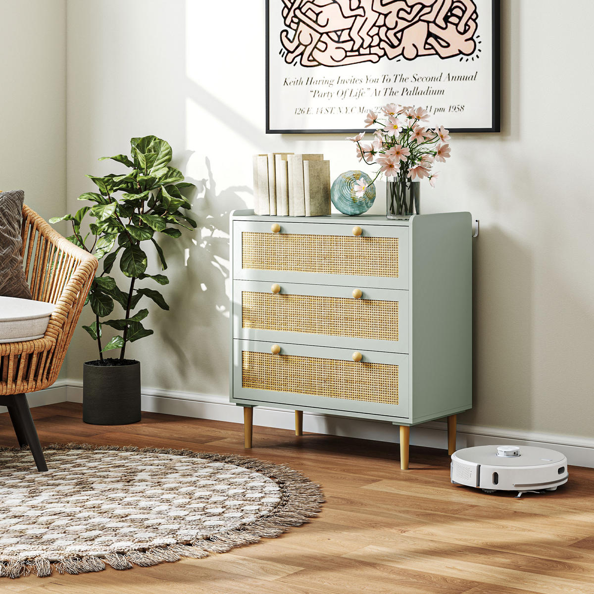 SCHLAFZIMMER-KOMMODE mit 3 Schubladen, Rattan-Fronten, MDF, Grün - Hellblau, Holzwerkstoff (40/87.5/80cm) - HOMCOM