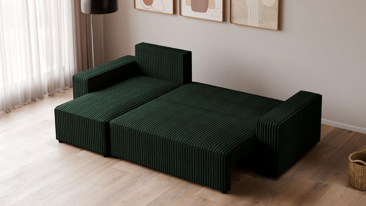 ECKSOFA Tobi mit Bettkasten und Schlaffunktion, L-Form, Cordstoff, Universal - Dunkelgrün, Holzwerkstoff (246/145cm) - 4ALL HOME