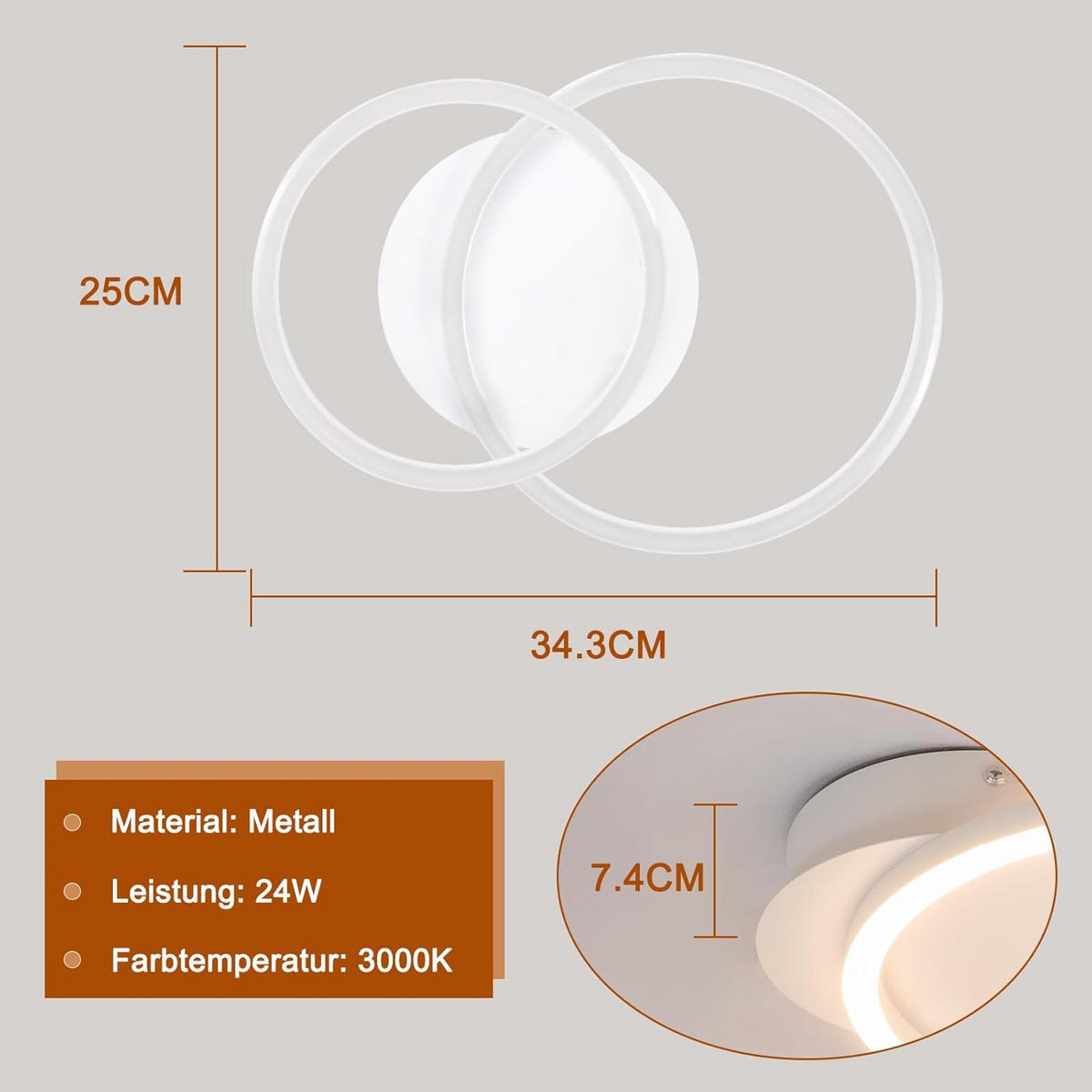 LED-DECKENLEUCHTE Eisenhainbach 25/7.4/34.4 cm - Weiß, Metall (34.4/25/7.4cm) - ZMH